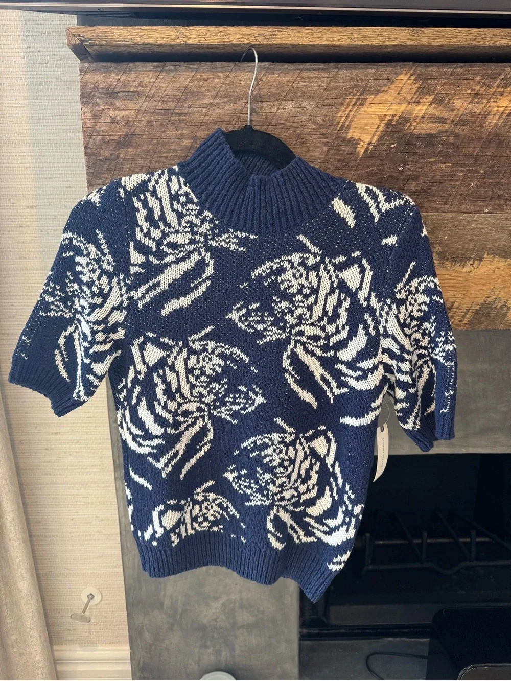 Navy and White Floral Knit Short-Sleeve Sweater